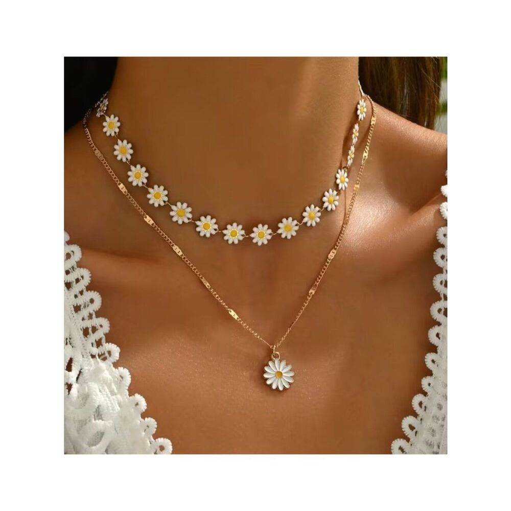 2 Daisy Chain Necklace Enamel Drip-Painted Rose Gold Retro Hippie Chic Bohemian